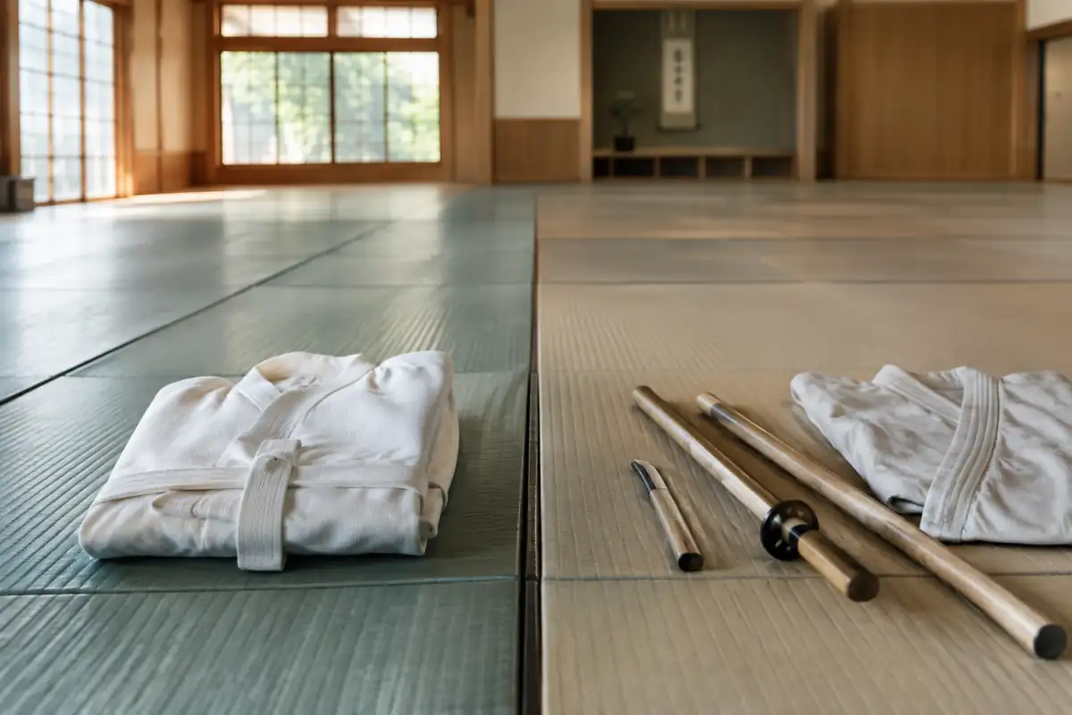 Judogi et ceinture sur tatami, à côté d’un keikogi et d’armes en bois pour comparer judo et aïkido.
