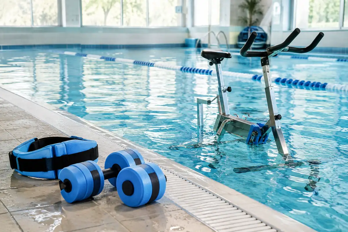 Haltères aquatiques et ceinture de flottaison près d’un vélo stationnaire immergé dans une piscine.