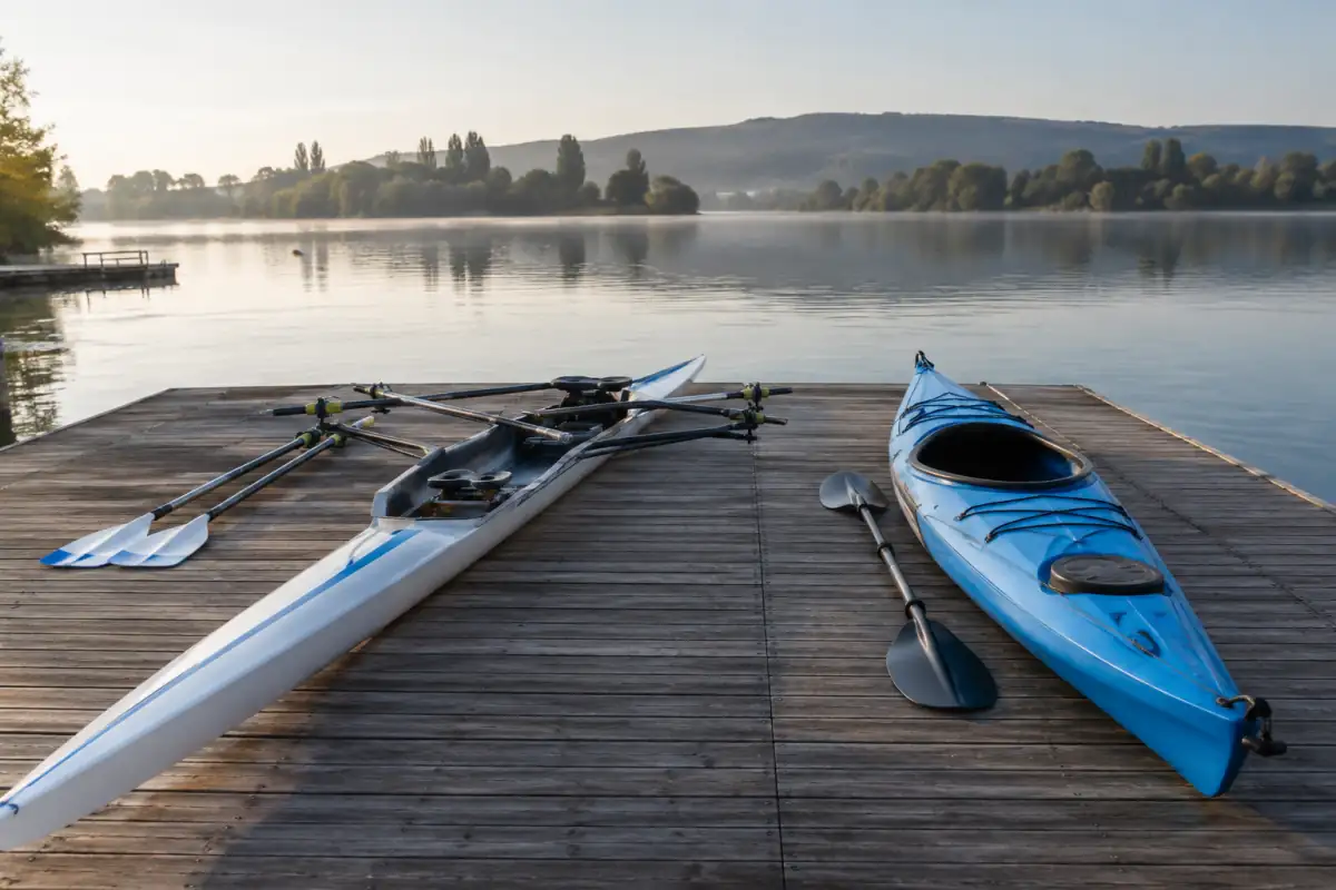 Bateau d’aviron et kayak avec leurs rames et pagaie, côte à côte sur un ponton au bord d’un lac.