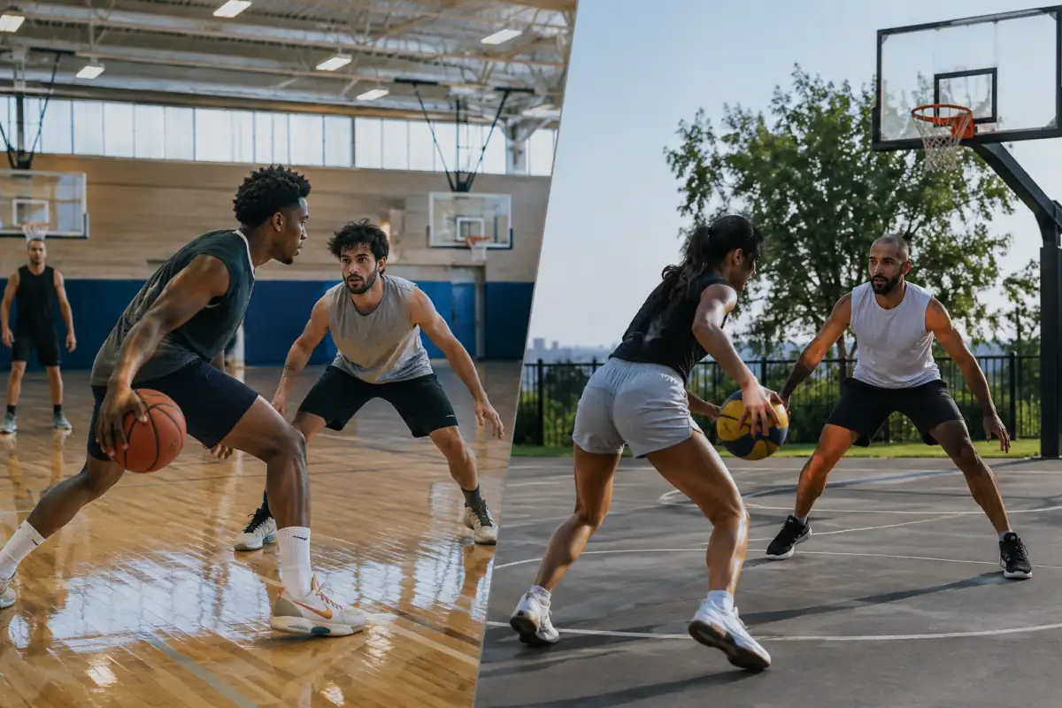 Deux scènes de basketball côte à côte : un match sur terrain complet en salle et un jeu de 3x3 sur demi-terrain extérieur.