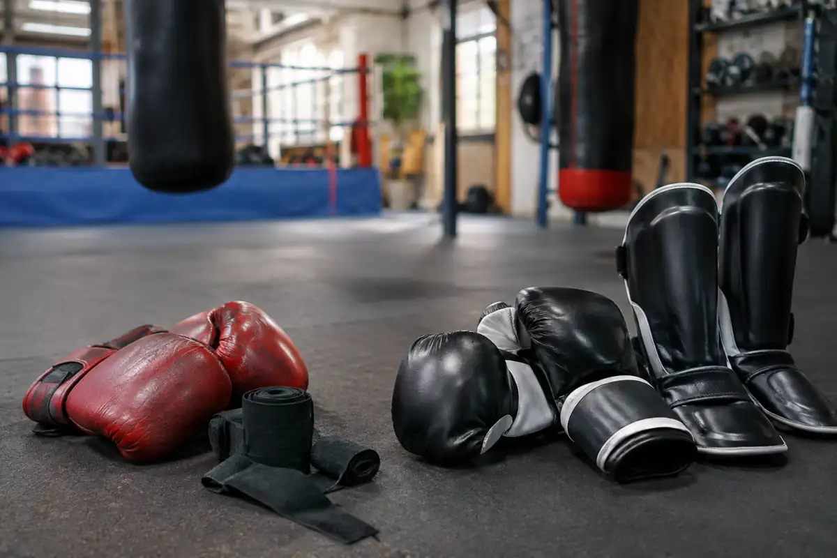 Gants et bandes de boxe anglaise posés près de gants et protège-tibias de kick-boxing dans une salle de sport.