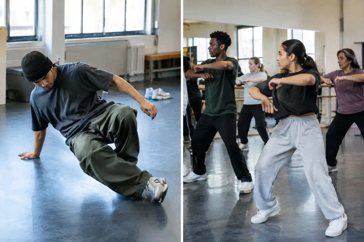 Deux scènes de danse en studio : un danseur travaille le breaking au sol et un groupe répète une chorégraphie hip-hop.