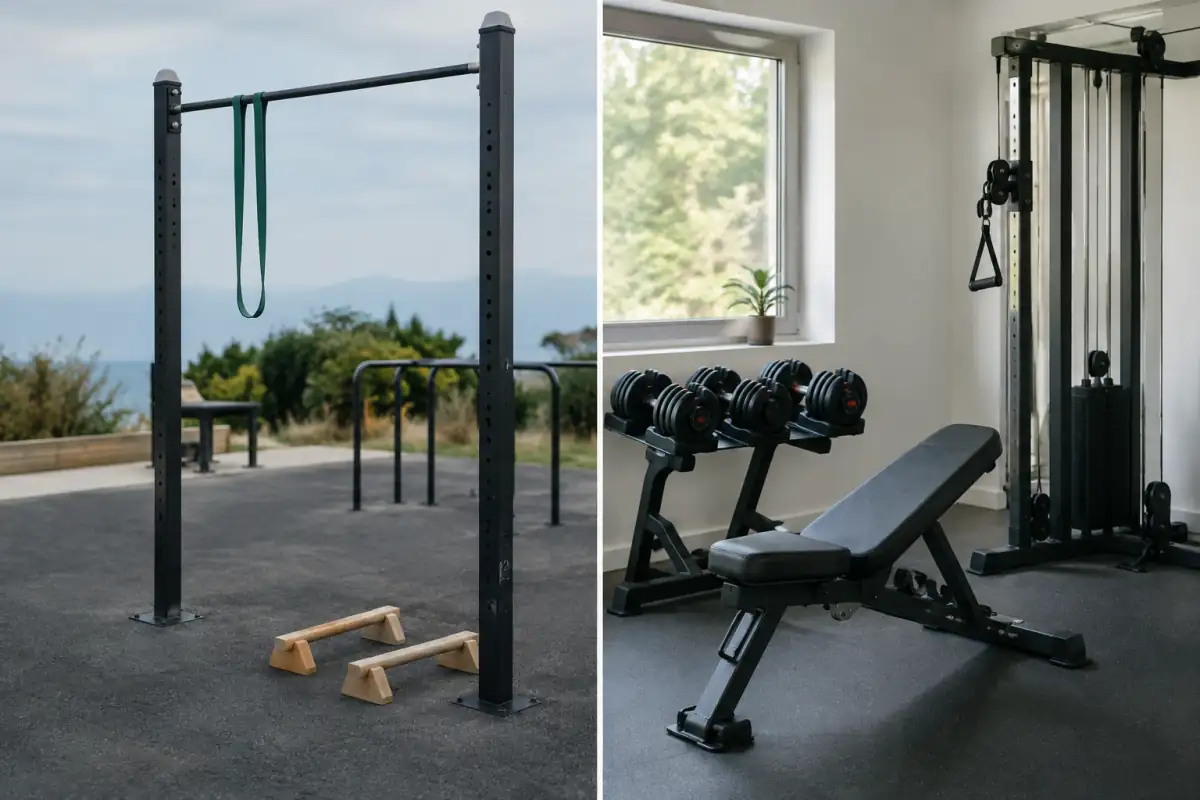 Barre de traction et parallettes face à des haltères et un banc, pour comparer le calisthenics et la musculation.