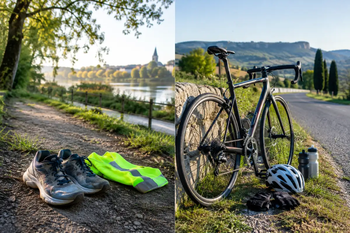 Chaussures de course et vélo de route avec casque côte à côte, pour comparer deux sports d’endurance en extérieur.