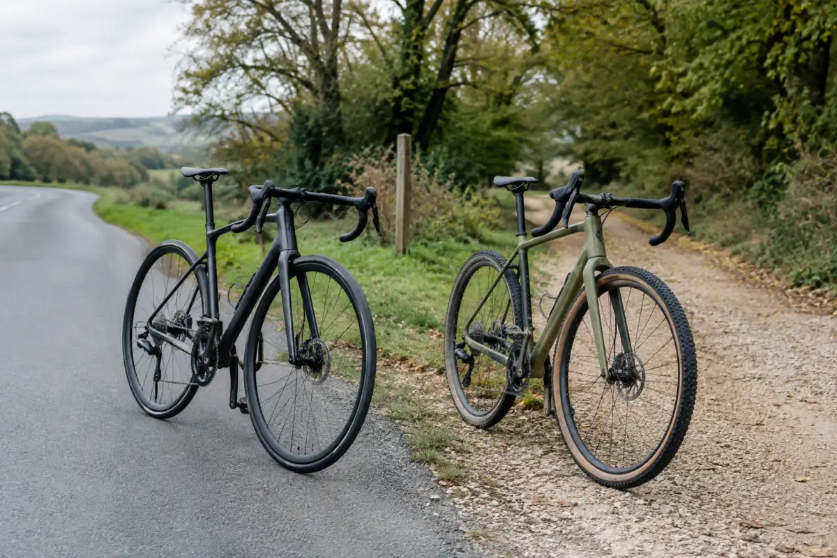 Vélo de route et vélo gravel côte à côte, entre une chaussée goudronnée et un chemin de gravier en campagne.