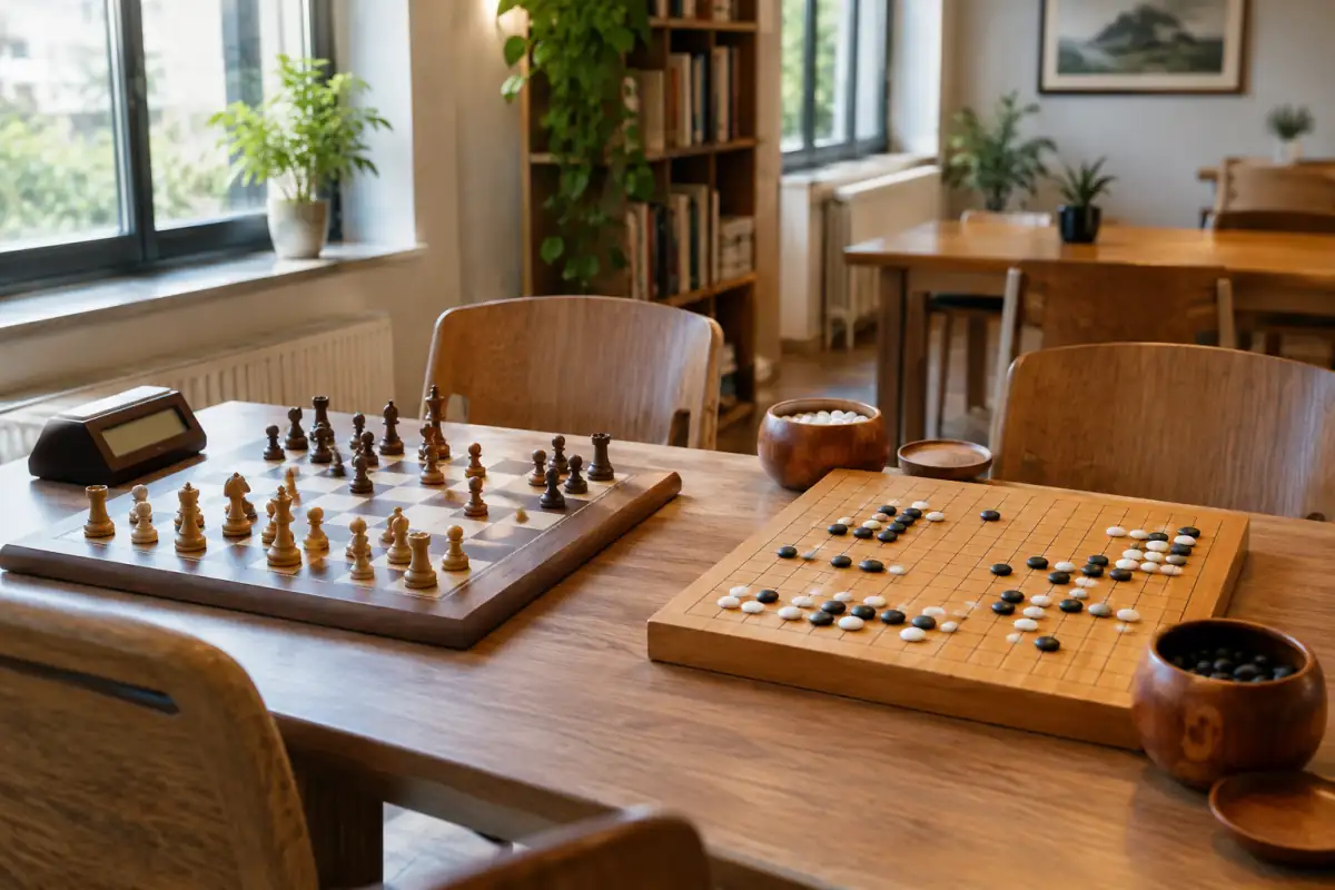 Échiquier et goban côte à côte, avec pièces et pierres en pleine partie, pour comparer les deux jeux de stratégie.