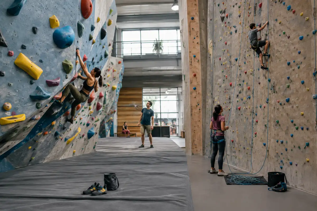 Mur de bloc avec tapis et chaussons à côté d’un mur de difficulté équipé d’une corde, d’un baudrier et de dégaines.