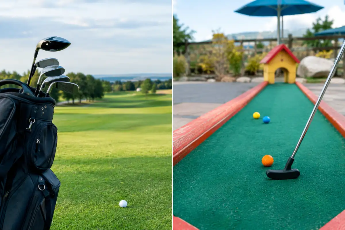 Un sac de golf et une balle sur un fairway côtoient un club et des balles sur une piste de mini-golf.