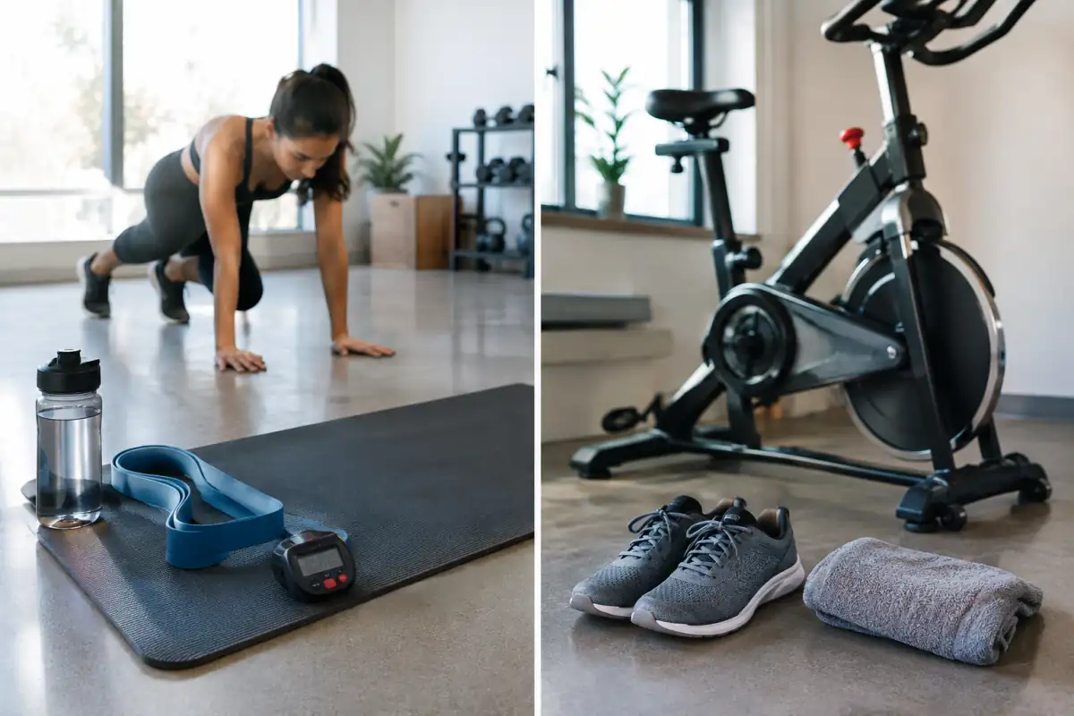Diptyque d’équipements de HIIT et de cardio-training : tapis, élastique, minuteur, chaussures et vélo d’appartement.
