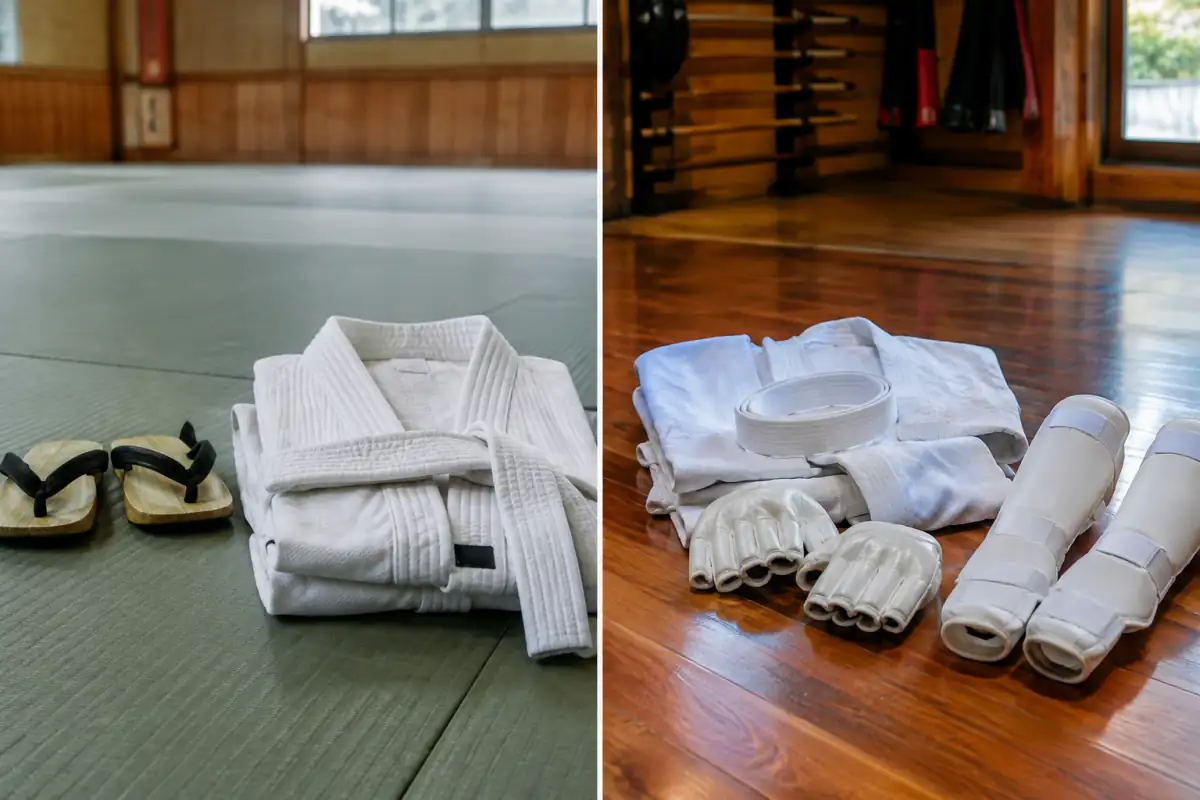 Judogi et ceinture posés sur un tatami, à côté d’un kimono de karaté et de protections de combat.