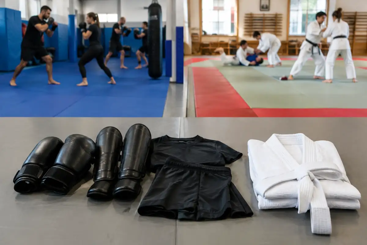 Gants et protections de krav-maga posés près d’un jujitsugi et d’une ceinture sur le tatami d’un dojo.