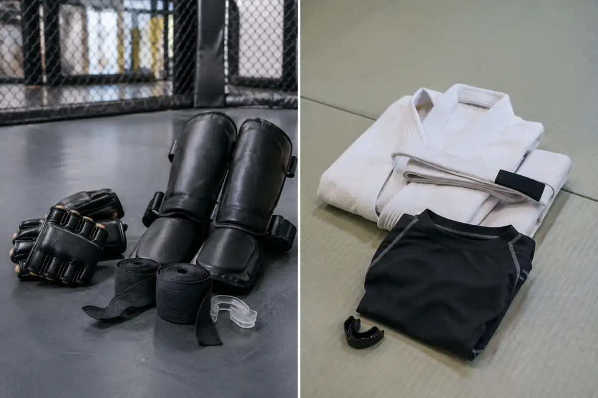 Équipement de MMA et kimono de jiu-jitsu brésilien présentés côte à côte dans une salle d’entraînement.
