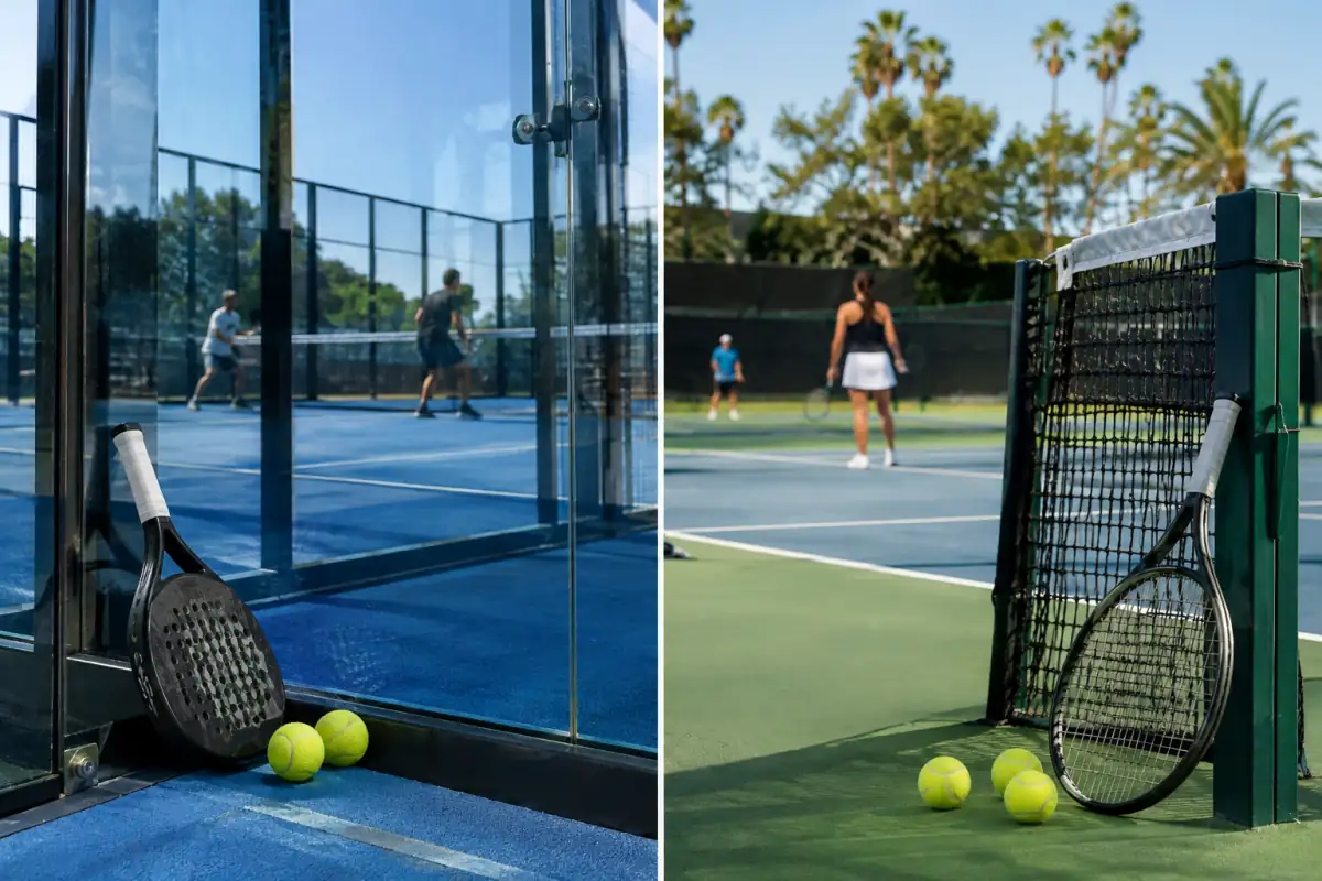 Raquettes et balles de padel et de tennis présentées devant un court vitré et un terrain de tennis ouvert.