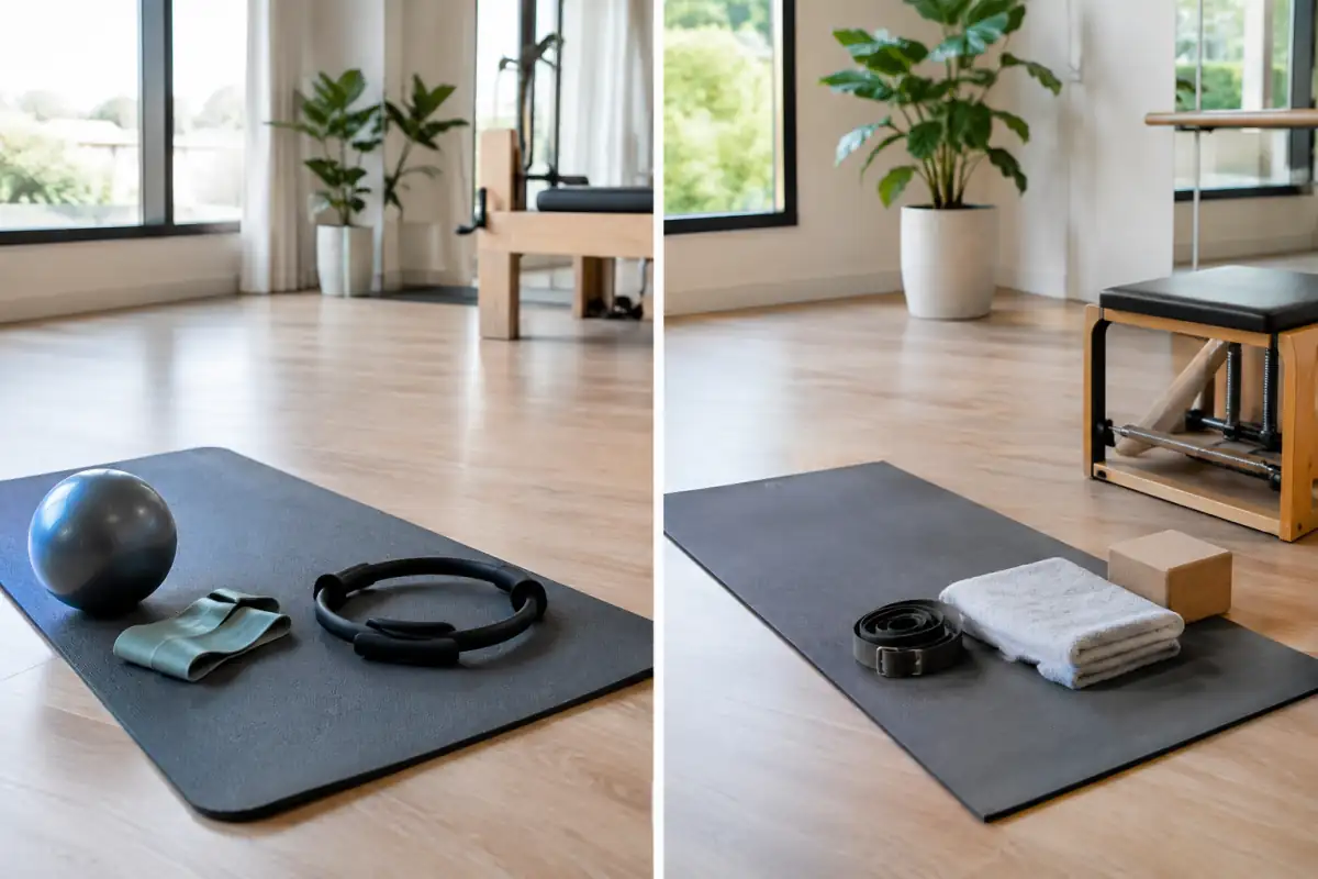 Tapis et accessoires de Pilates placés à côté d’un tapis, d’une sangle et d’une brique pour le stretching dans une salle lumineuse.