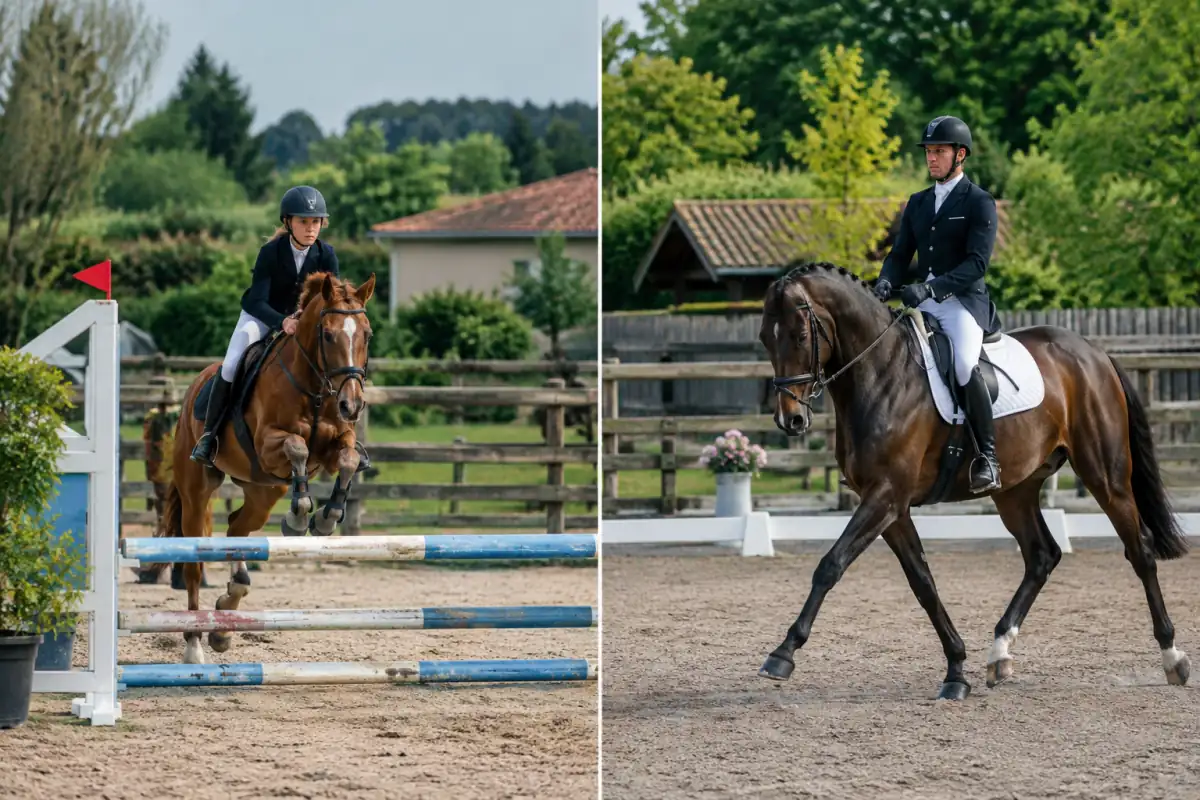 Un couple cavalier-cheval franchit un obstacle à côté d’une reprise de dressage dans un manège lumineux.