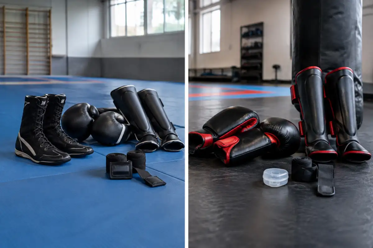 Chaussures de savate et protections de kick-boxing réunies dans une salle, pour comparer l’équipement des deux sports.