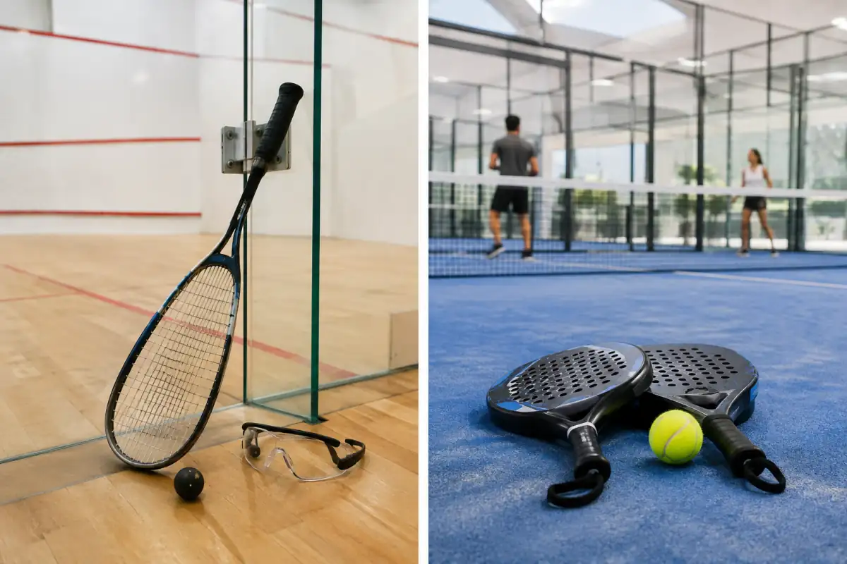 Raquette et balle de squash avec lunettes de protection, à côté de raquettes de padel et d’une balle jaune sur un terrain vitré.