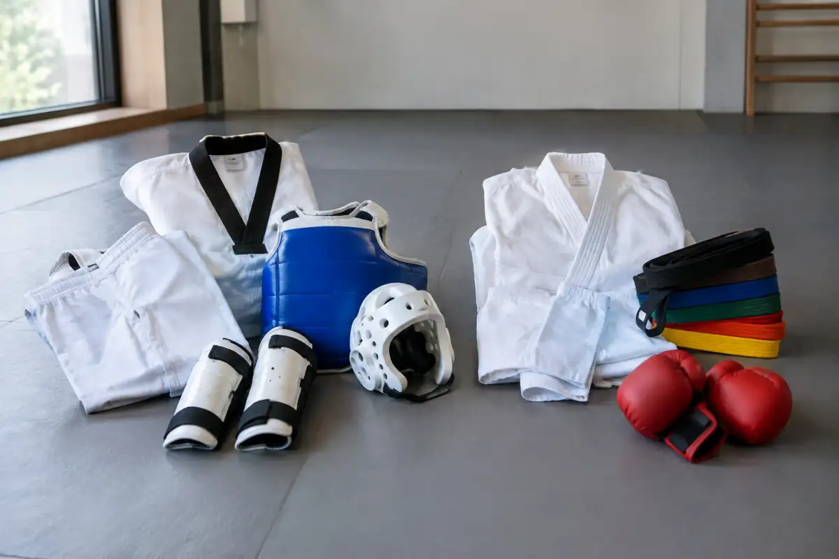 Dobok et protections de taekwondo posés près d’un kimono, de ceintures et de gants de karaté dans une salle d’entraînement.
