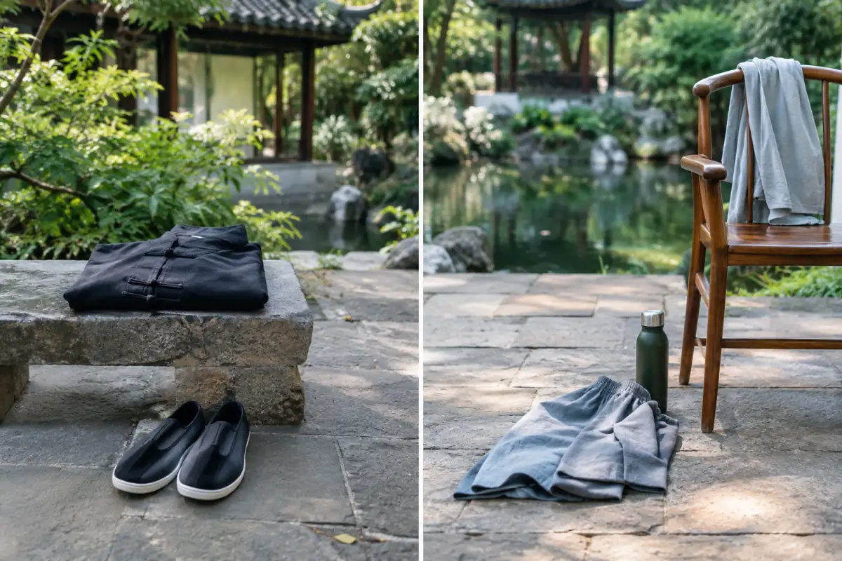 Diptyque d’équipements sobres pour le tai-chi-chuan et le qi gong, disposés dans un jardin calme en lumière matinale.