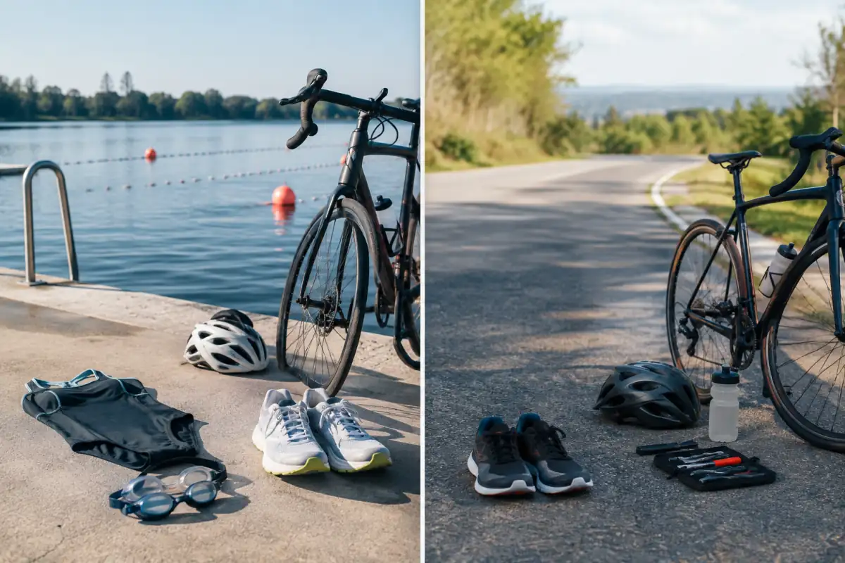 Équipements de triathlon et de duathlon côte à côte : lunettes de natation, vélo, casque, chaussures de course et bidon.