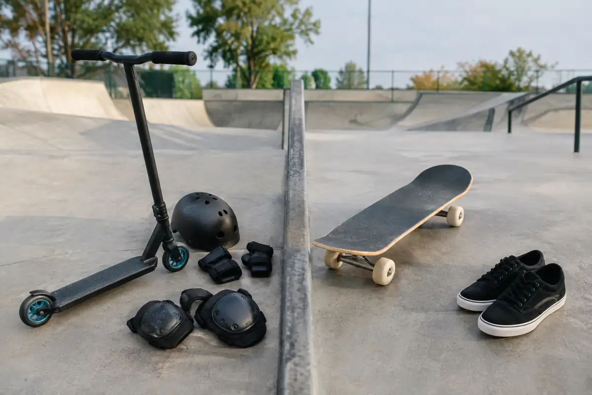 Trottinette freestyle et skateboard côte à côte dans un skatepark, avec casque, protections et chaussures de pratique.