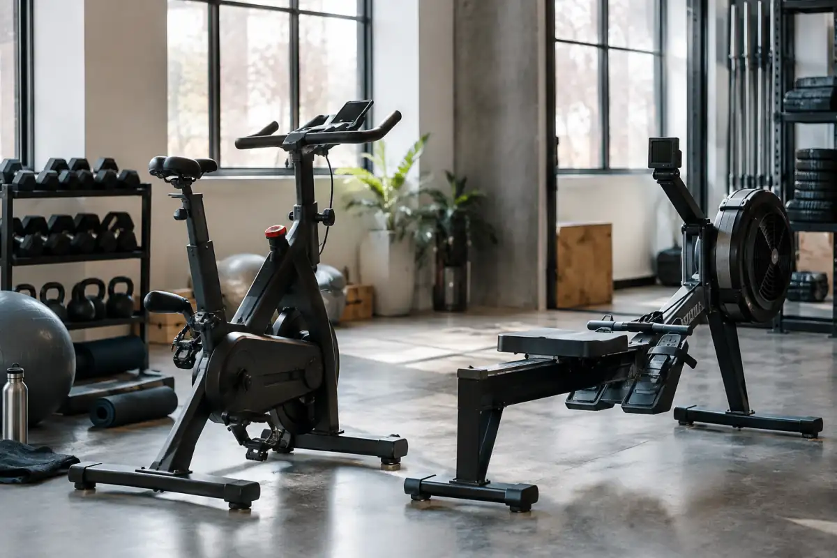Vélo stationnaire et ergomètre de rameur côte à côte dans une salle de sport, deux appareils de cardio indoor.