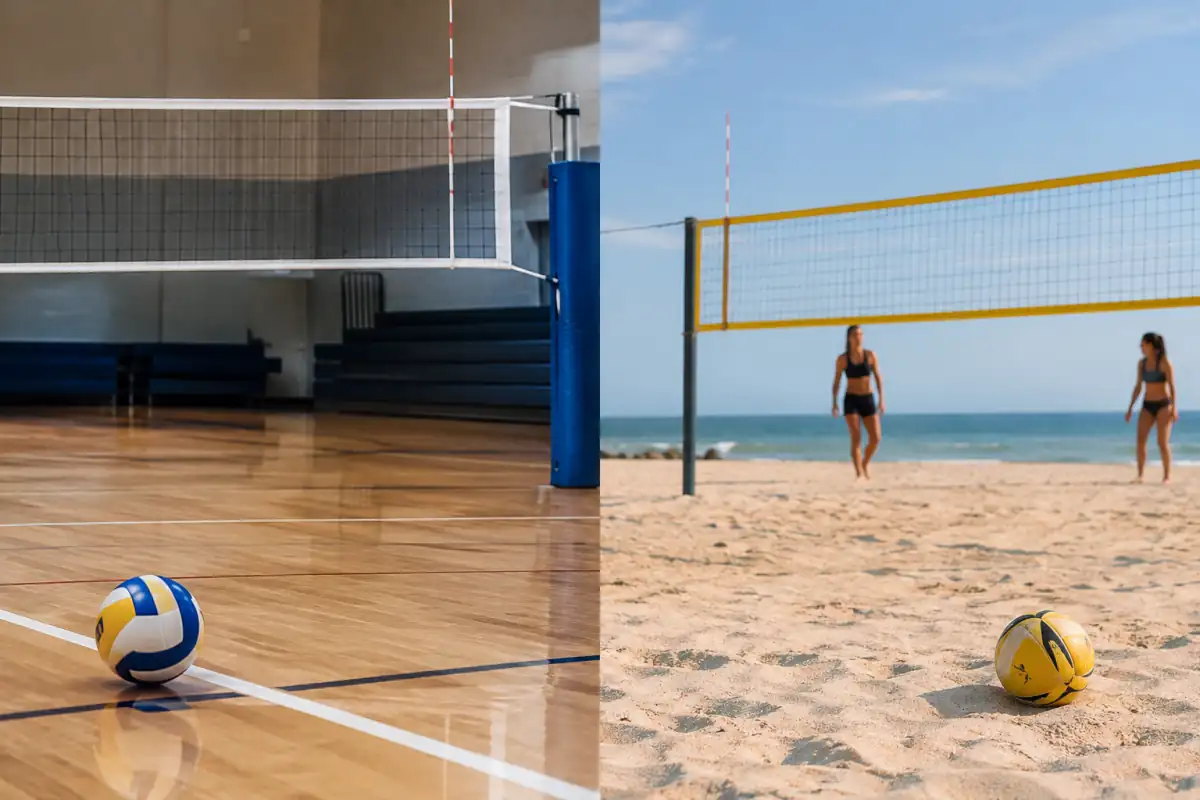 Comparatif visuel du volley-ball en salle et du beach-volley : ballon et filet sur parquet d’un côté, sable de l’autre.