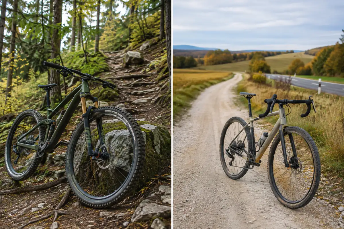 VTT cross-country près d’un sentier rocheux et vélo gravel au bord d’un chemin de campagne, deux terrains de pratique différents.