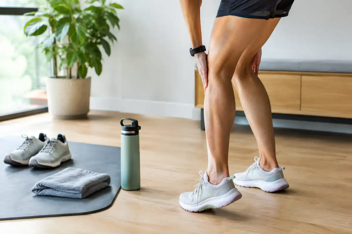 Coureur réalisant un étirement doux du mollet après une sortie, près d’un tapis, d’une serviette et d’une gourde.