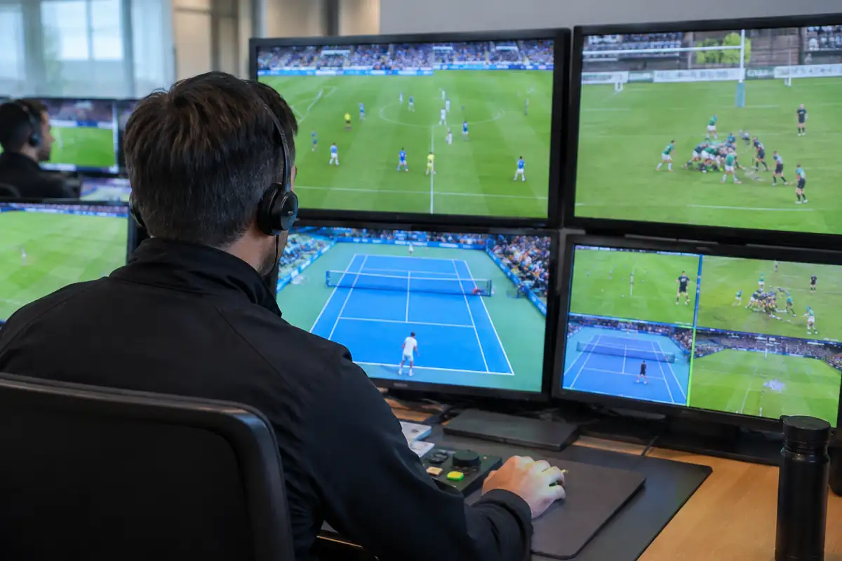 Salle d’assistance vidéo avec plusieurs écrans montrant des actions de football, de rugby et de tennis en cours de vérification.