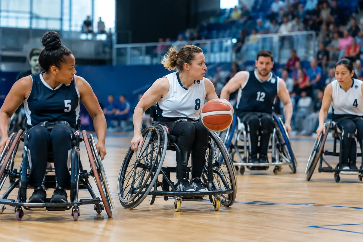 Match de basket fauteuil dans une salle sportive, illustration de l’évolution des Jeux paralympiques et de leurs disciplines.