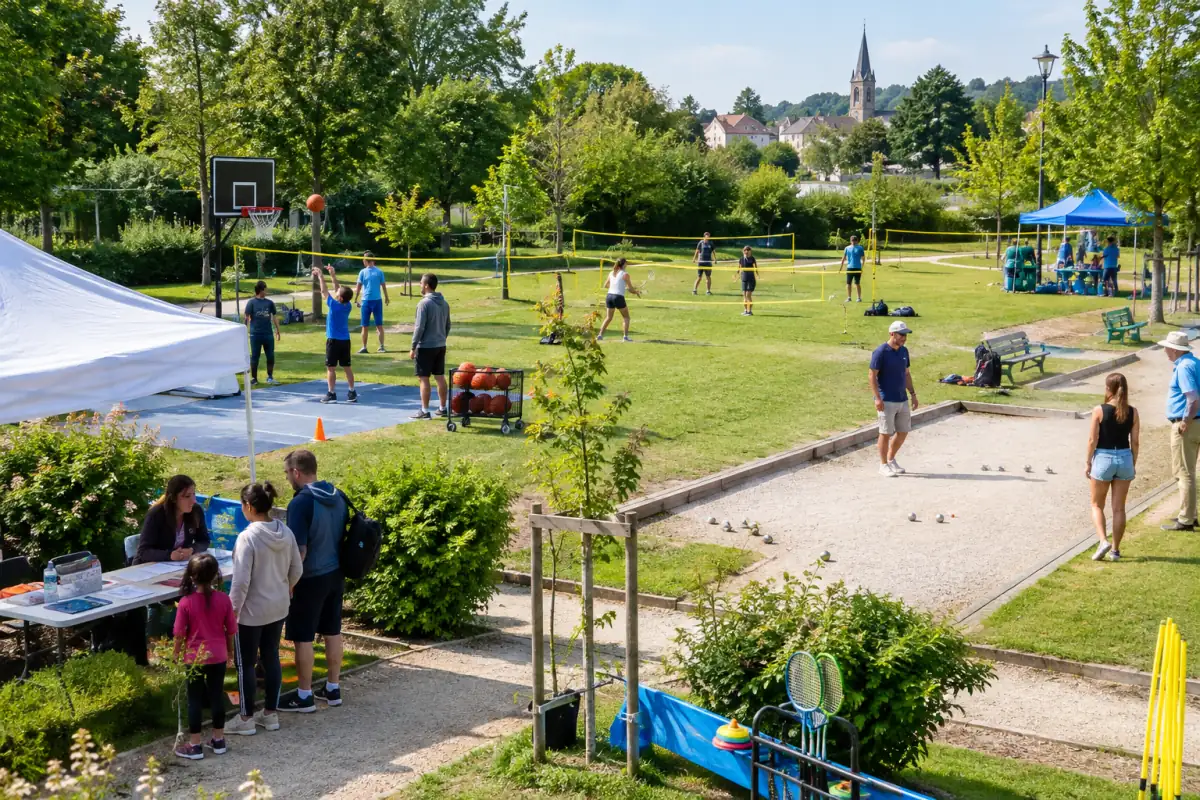 Ateliers de basket-ball, badminton et pétanque aménagés dans un parc pour une fête du sport ouverte au public.