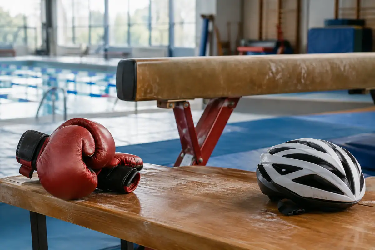 Gants de boxe, poutre de gymnastique et casque de vélo illustrent différentes formes de difficulté sportive.