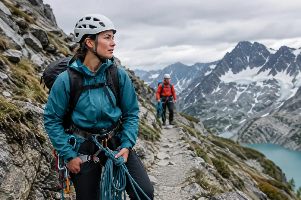 Alpinistes équipés avançant prudemment sur un itinéraire de montagne, illustration des risques et de la préparation sportive.