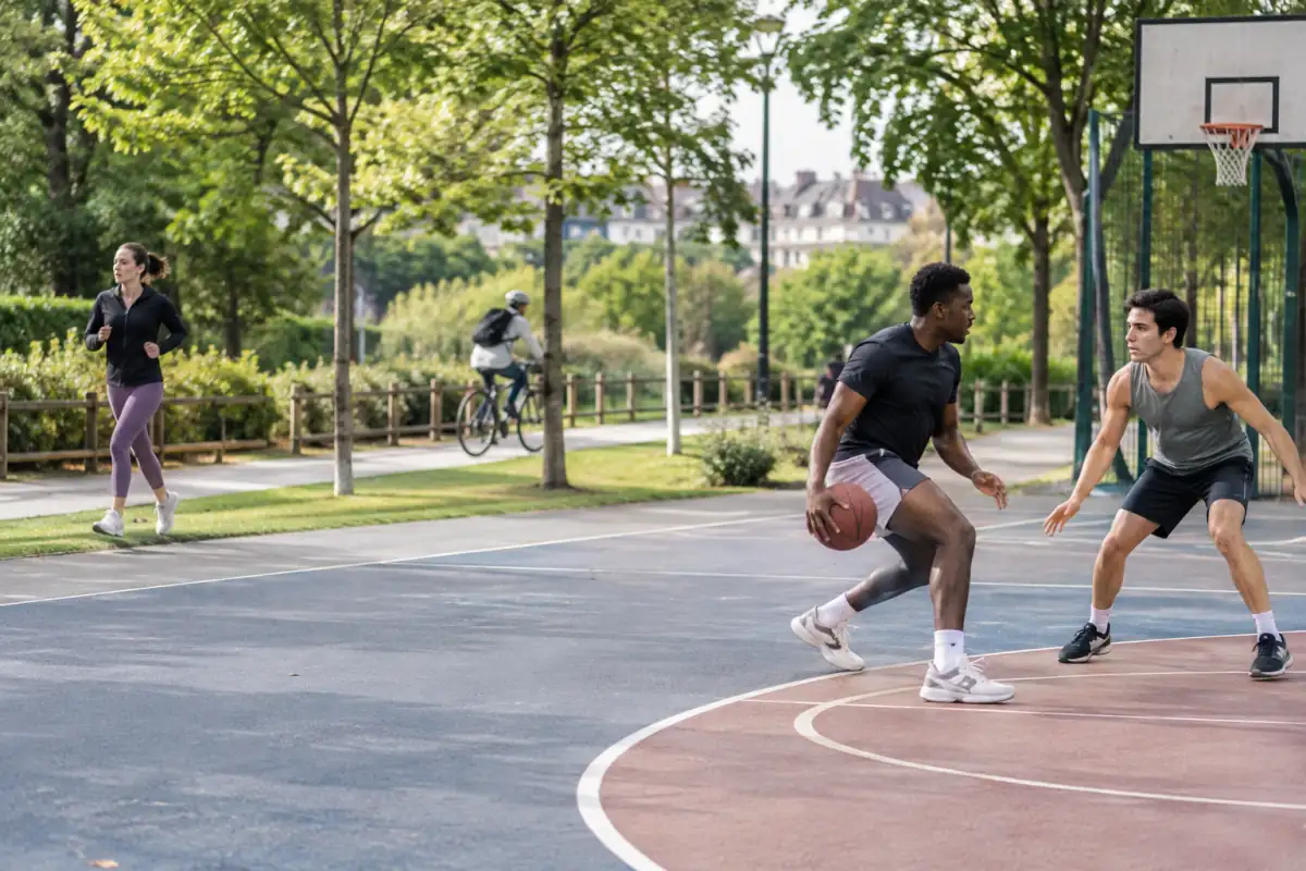 Jogging, basketball et vélo dans un espace public, trois exemples de sports pratiqués en France avec ou sans club.