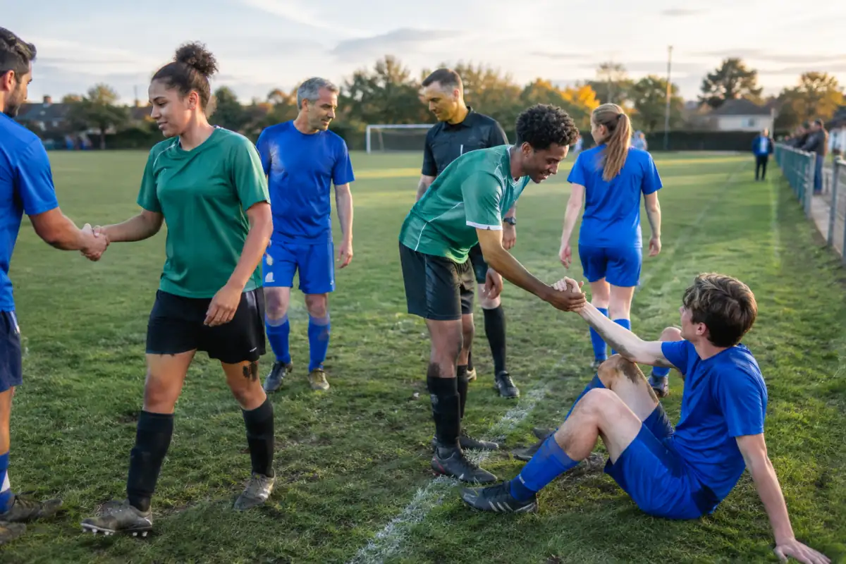 Des sportifs amateurs se saluent après un match, illustrant le fair-play, le respect des adversaires et l’esprit d’équipe.
