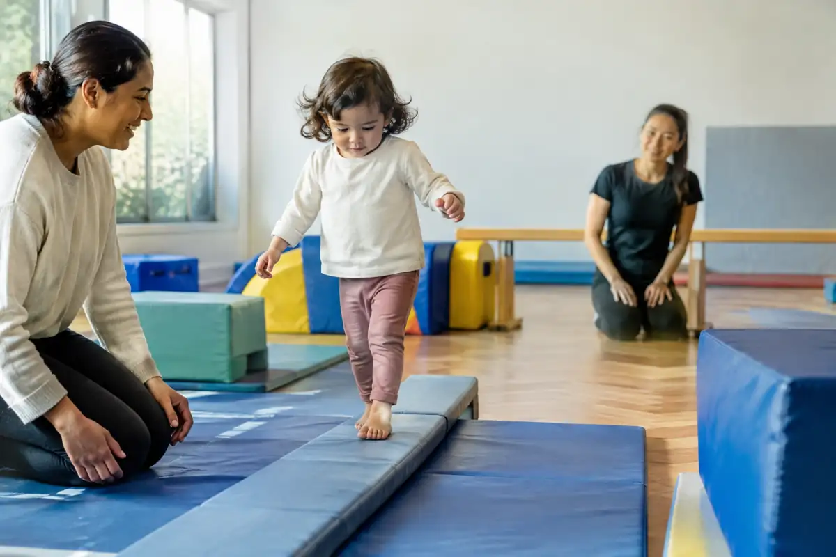 Un tout-petit explore un parcours de baby gym sur des tapis, accompagné par un adulte dans une salle sécurisée.