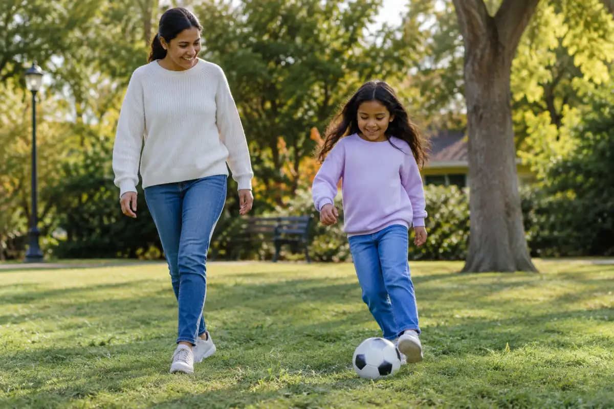 Un parent et son enfant jouent au ballon dans un parc, pour illustrer une activité physique familiale sans pression.