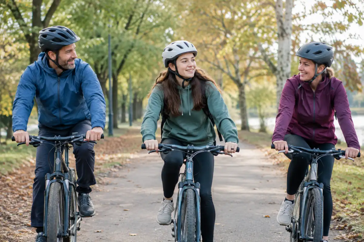 Un adolescent fait du vélo avec ses parents dans un parc, lors d’une sortie sportive familiale conviviale et sans compétition.