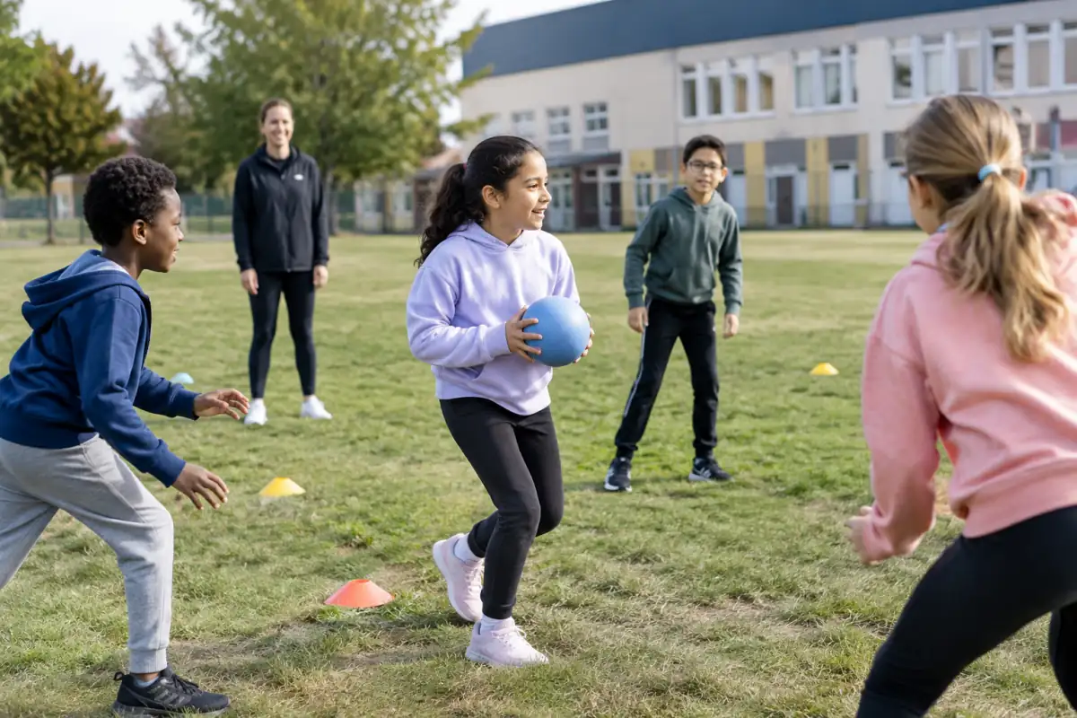 Des enfants pratiquent un jeu sportif collectif dans la cour d’une école, sous la supervision d’un adulte, dans une ambiance conviviale.