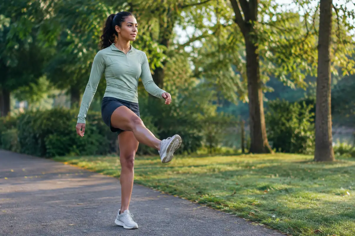 Coureur réalisant un mouvement dynamique de jambe dans un parc avant sa séance, pour illustrer l’échauffement avant le sport.