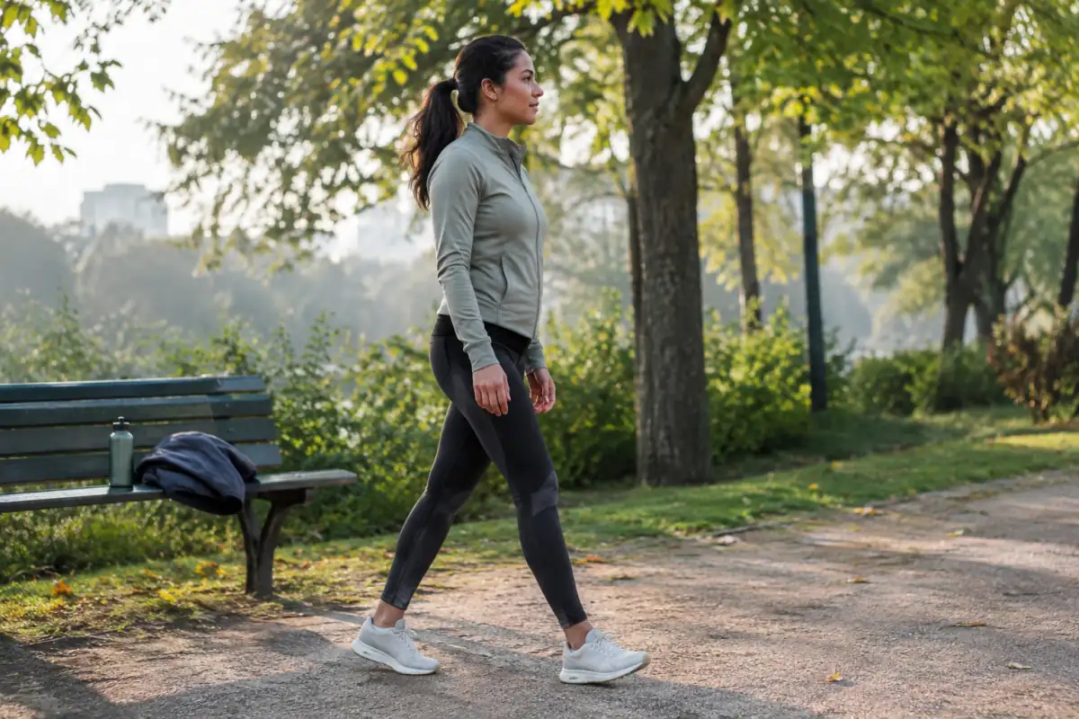 Personne en tenue de sport qui commence une marche d’échauffement dans un parc, pour installer une routine sportive régulière.
