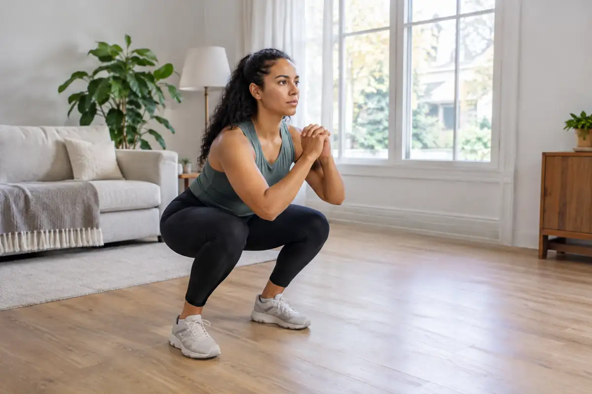Personne réalisant un squat au poids du corps dans un salon dégagé, sans matériel et avec une posture contrôlée.