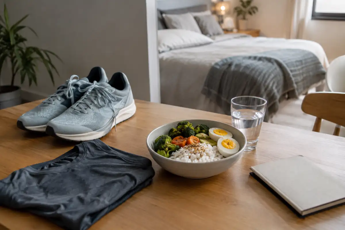 Repas équilibré et verre d’eau après le sport, avec des chaussures de course et une chambre évoquant le sommeil.