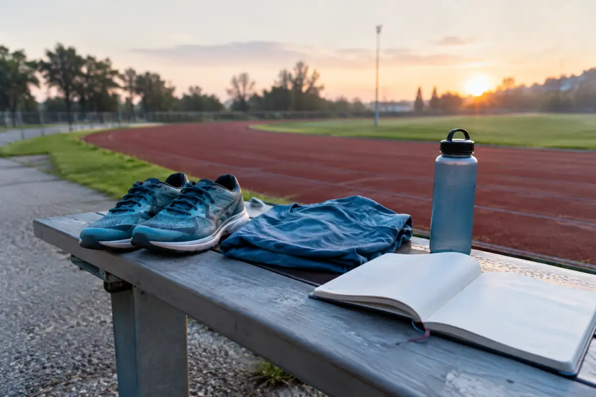 Carnet d’entraînement, chaussures de course et gourde posés près d’une piste, dans une ambiance calme propice à la récupération.