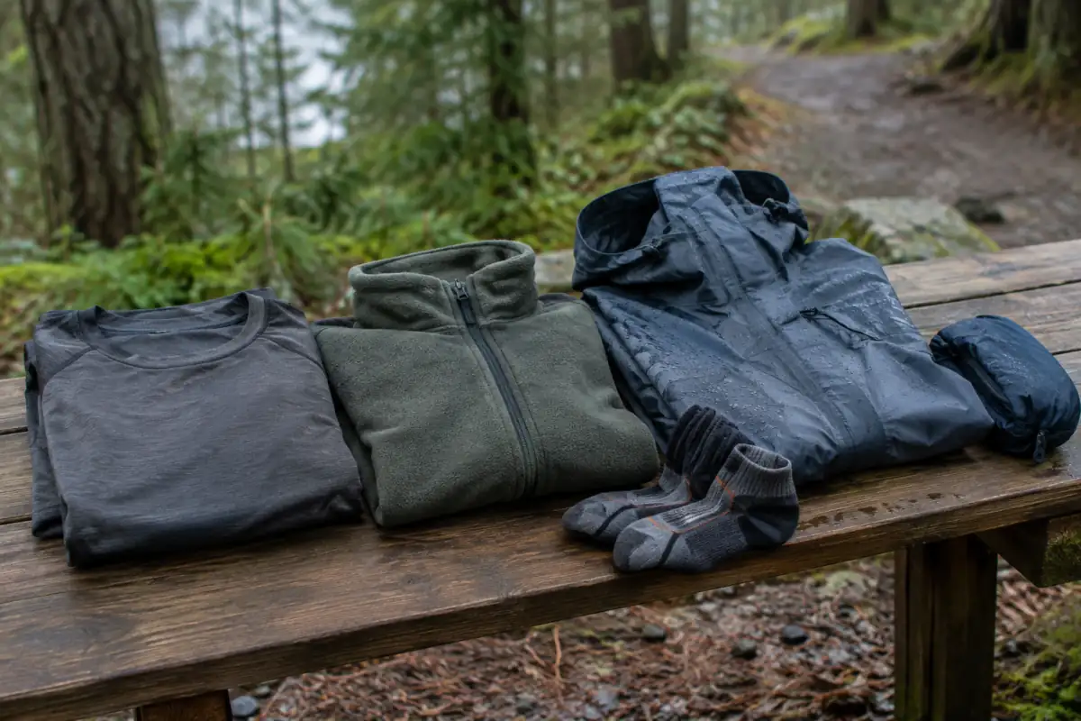 Couches de vêtements de sport respirants et veste de pluie légère, disposées sur un banc près d’un sentier forestier.