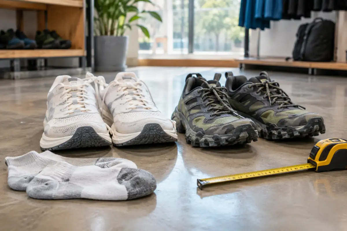 Chaussures de running de route et de trail côte à côte, mettant en évidence leurs semelles et leurs crampons différents.