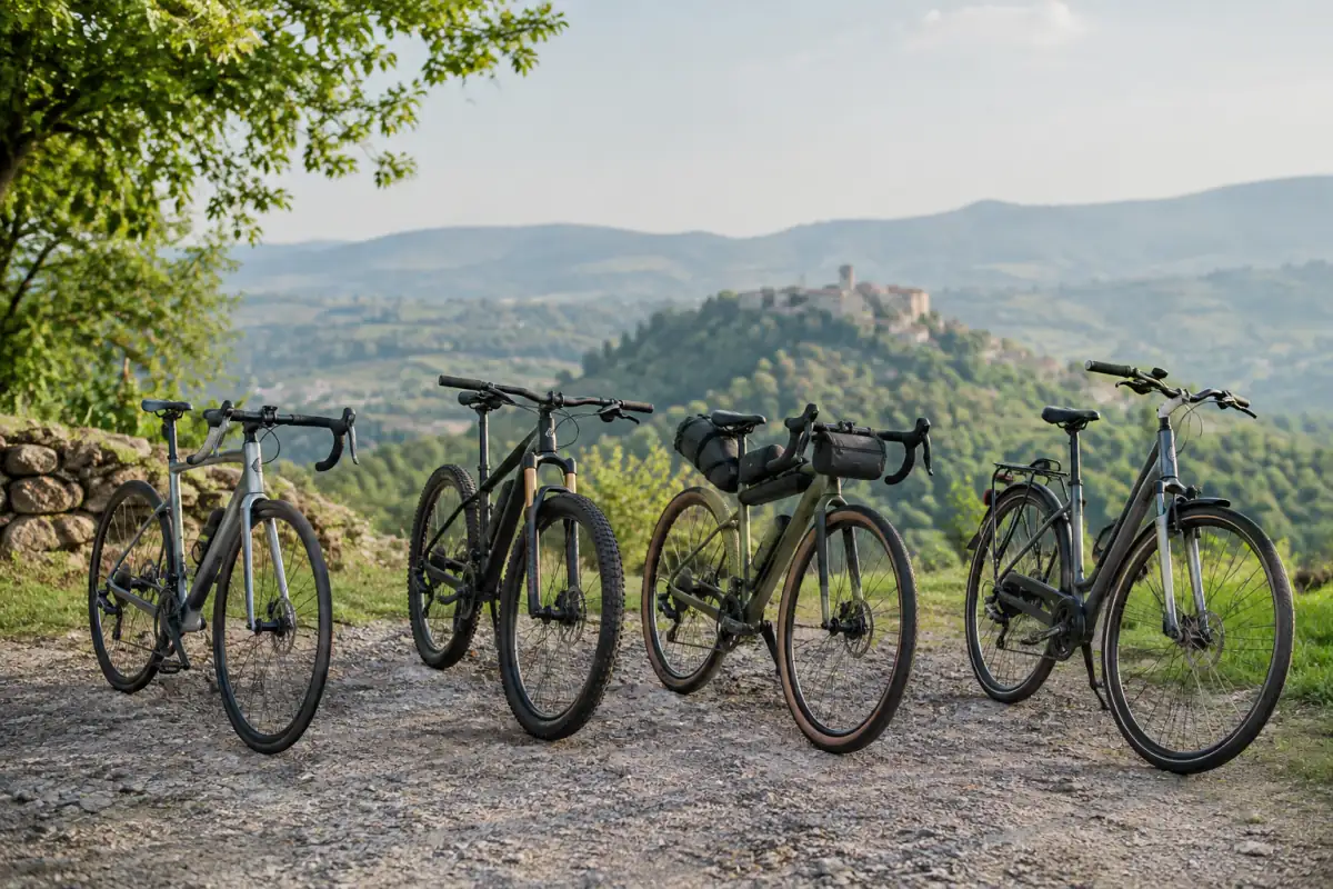 Vélo de route, VTT, gravel et VTC réunis sur un chemin pour comparer leurs usages et leurs équipements.