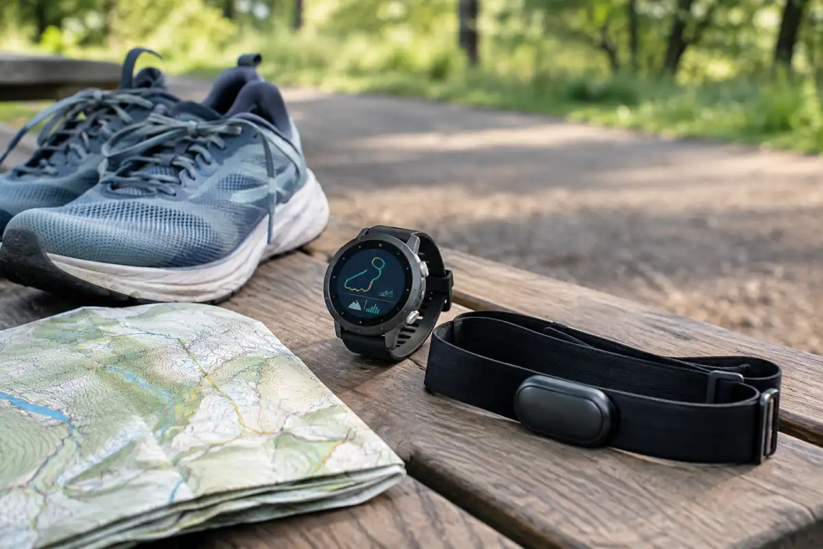 Montre GPS de sport et ceinture cardio posées près de chaussures de course et d’une carte de randonnée.