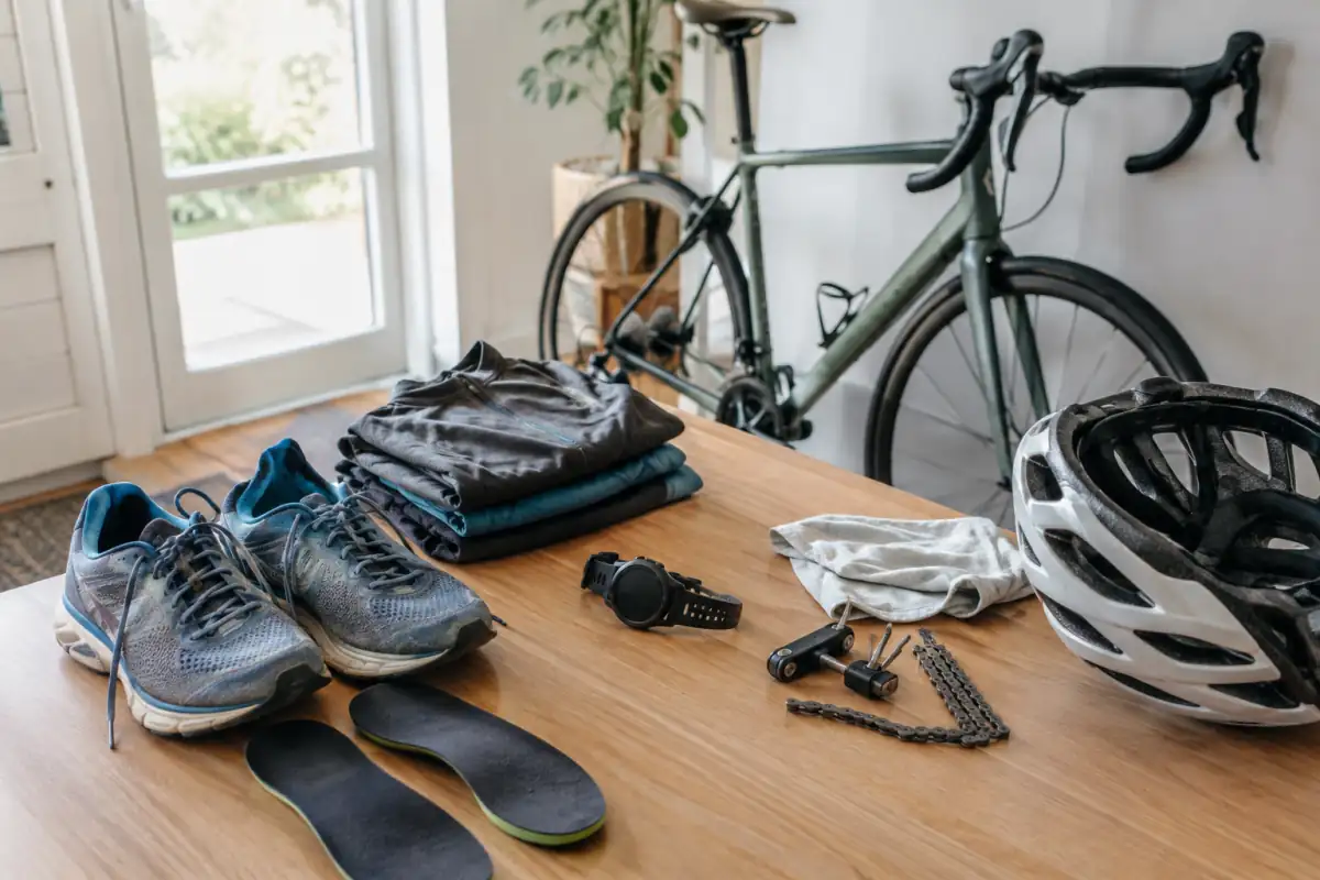 Chaussures, vélo, montre et casque de sport réunis pour illustrer les gestes d’entretien, de séchage et de contrôle régulier.